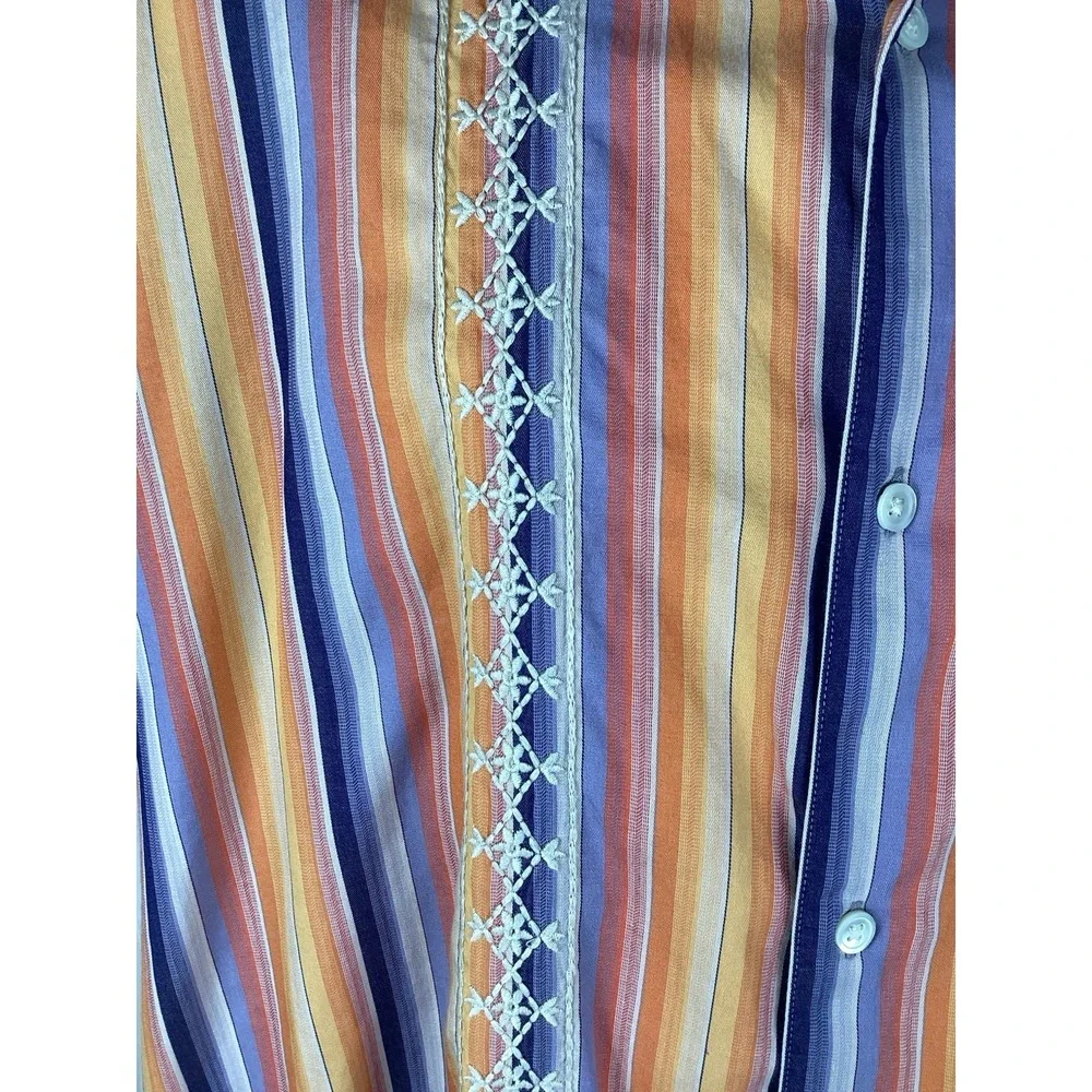 Banana Republic Guayabera Style Short Sleeve Shirt Mens Medium Stripe Embroidery